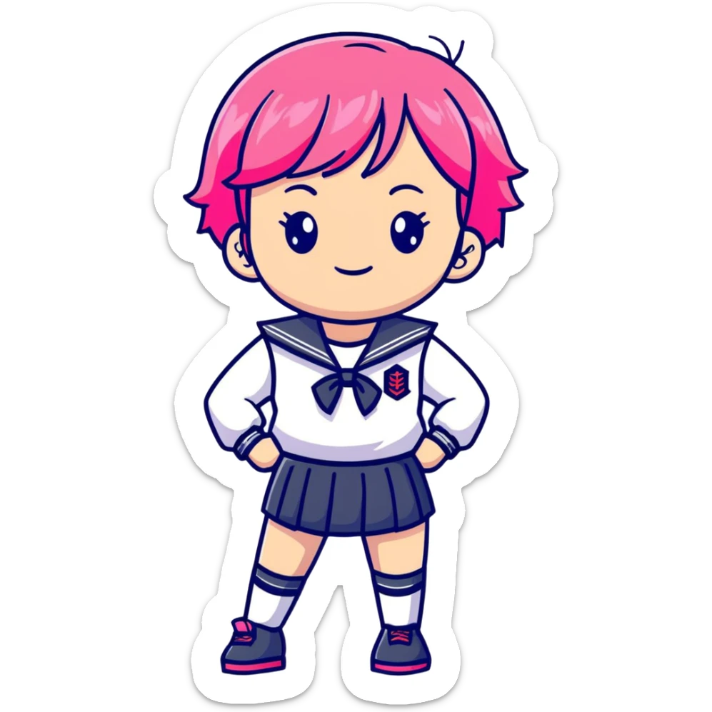 Anime girl with short bright pink hair wearing Japanese sailor style school uniform, confident pose with hand on hip and bright cheerful grin, excited and happy sticker