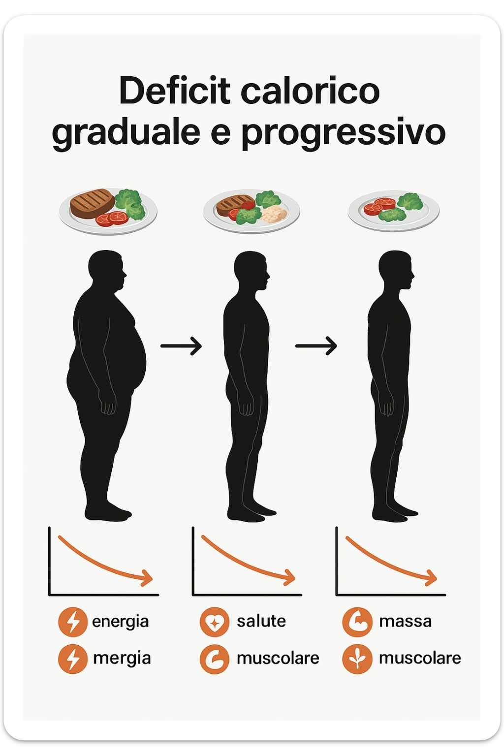 una sequenza di tre sagome umane affiancate, ognuna rappresenta una fase diversa di perdita di peso graduale. Sopra ogni figura, un piatto mostra porzioni di cibo bilanciate ma leggermente ridotte. Frecce e grafici illustrano una diminuzione lenta e costante dell’apporto calorico giornaliero, con icone che rappresentano energia, salute e mantenimento della massa muscolare. Sfondo pulito e moderno, con etichette chiare che spiegano “deficit calorico graduale e progressivo” in italiano sticker