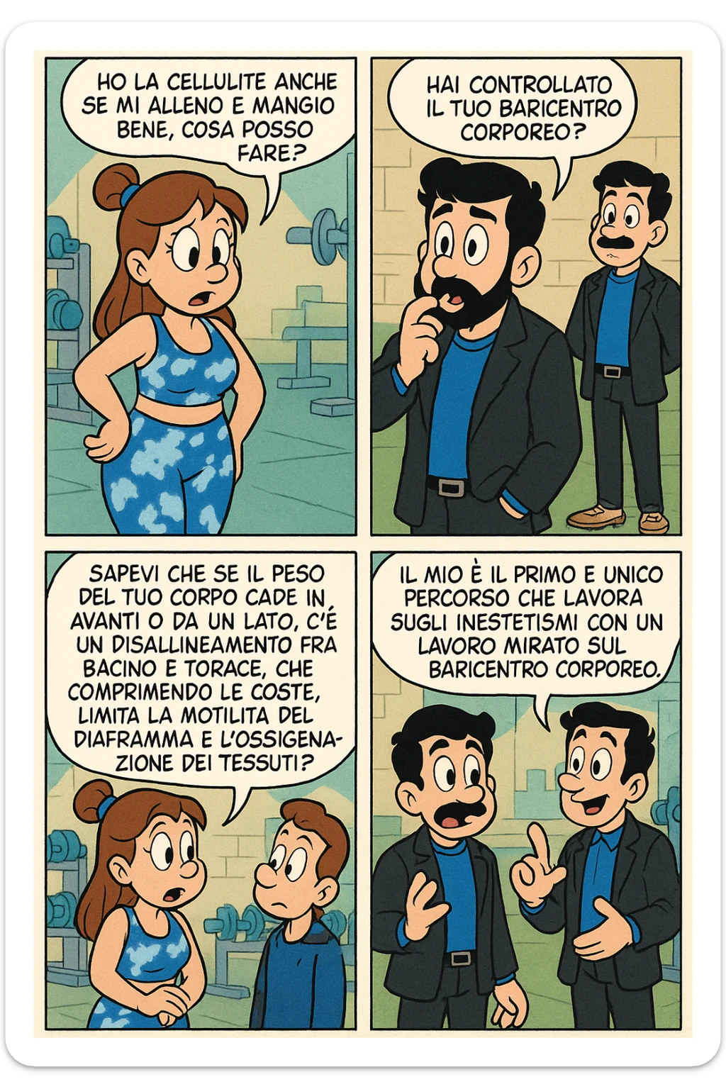 TRASFORMA QUESTO CAROSELLO IN UN FUMETTO STILE TOPOLINO CON QUESTE DUE PERSONE IDENTICHE CHE INTERLOQUISCONO TRA LORO:

LEI: Ho la cellulite anche se mi alleno e mangio bene, cosa posso fare?

LUI: Hai controllato il tuo baricentro corporeo?
LUI: Sapevi che se il peso del tuo corpo cade in avanti o da un lato, c’è un disallineamento fra bacino e torace, che comprimendo le coste, limita la motilità del diaframma e l’ossigenazione dei tessuti?
LUI: Il mio è il primo e unico percorso che lavora sugli inestetismi con un lavoro mirato sul baricentro corporeo. sticker