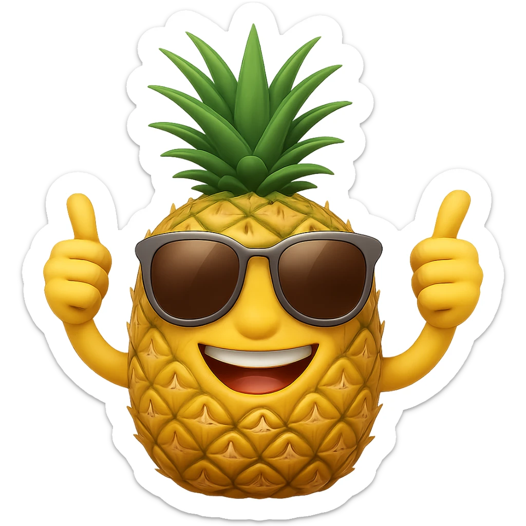 Edit the pineapple emoji in apple emoji style to have round, retro style sunglasses, keep it smiling and giving a thumbs up, no background. sticker