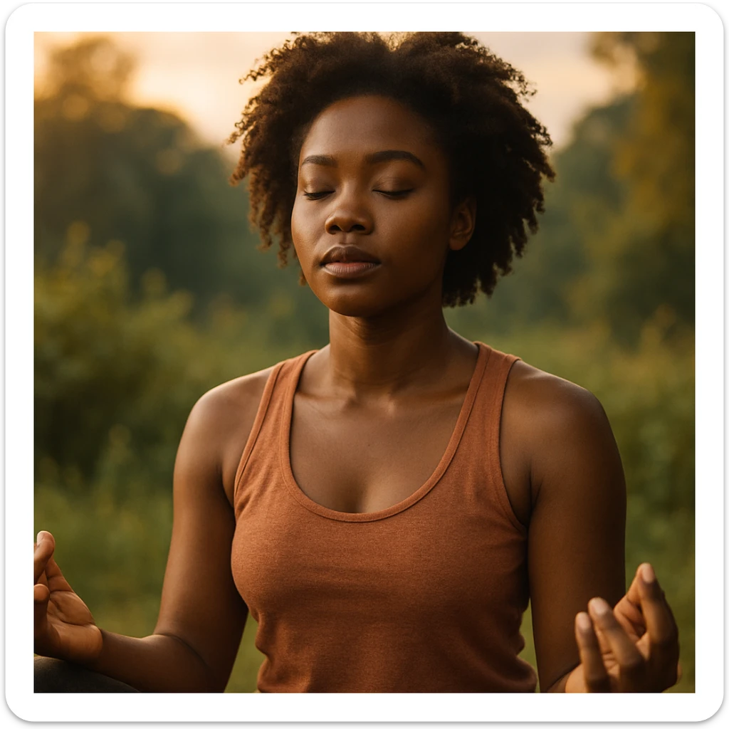 realistic style portrait of a black woman meditating, with a nature background and warm light sticker