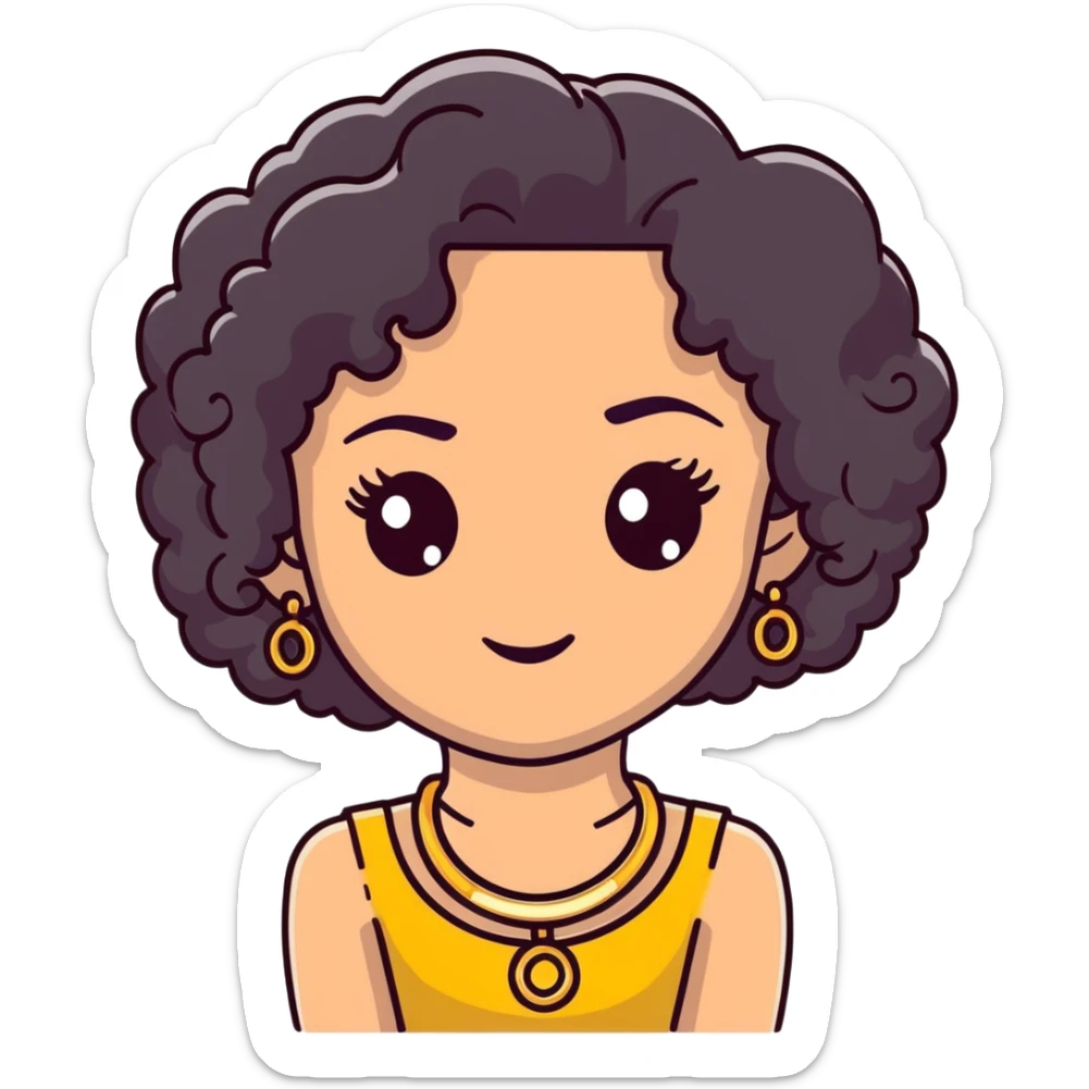Girl with curly 4c black hair and dark brown eyes and false lashes and gold bangle earrings  sticker