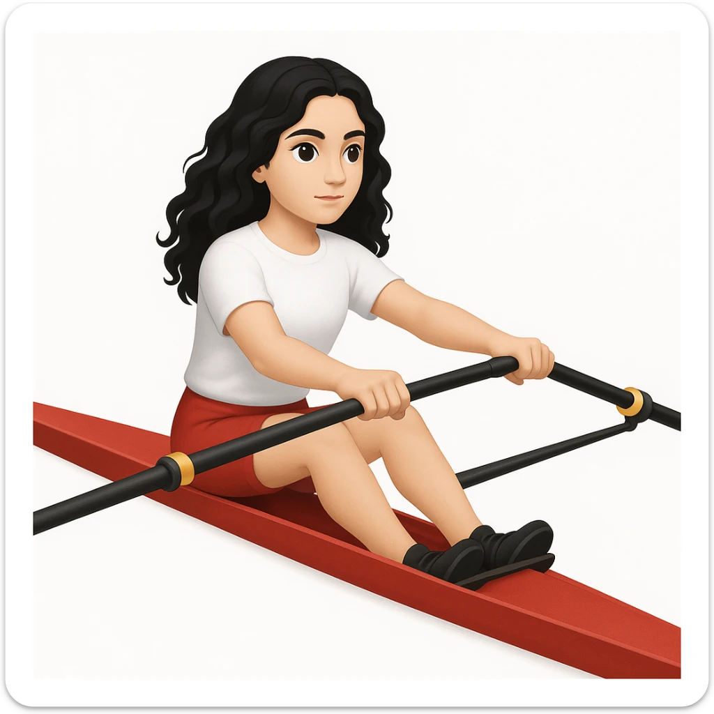 Altındaki tekneyi olimpik kürek sporu için uygun, uzun ve ince yarış teknesi olarak değiştir. Kız siyah uzun dalgalı saçlı, beyaz tenli, kırmızı şort ve beyaz kısa kollu tişörtle olimpik kürek sporu yapıyor sticker