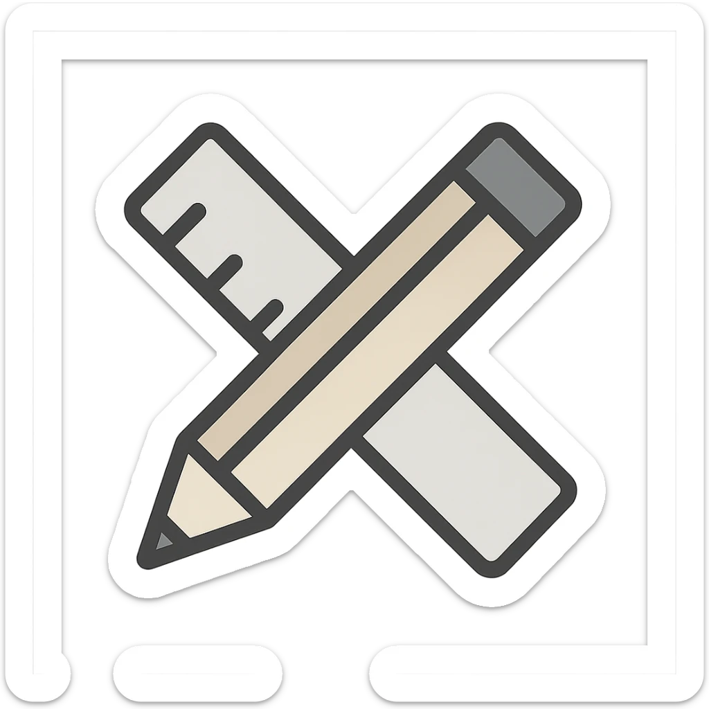 modern, simple icon of a crossed pencil and ruler with clear lines and neutral colors, no folder, just the symbol sticker