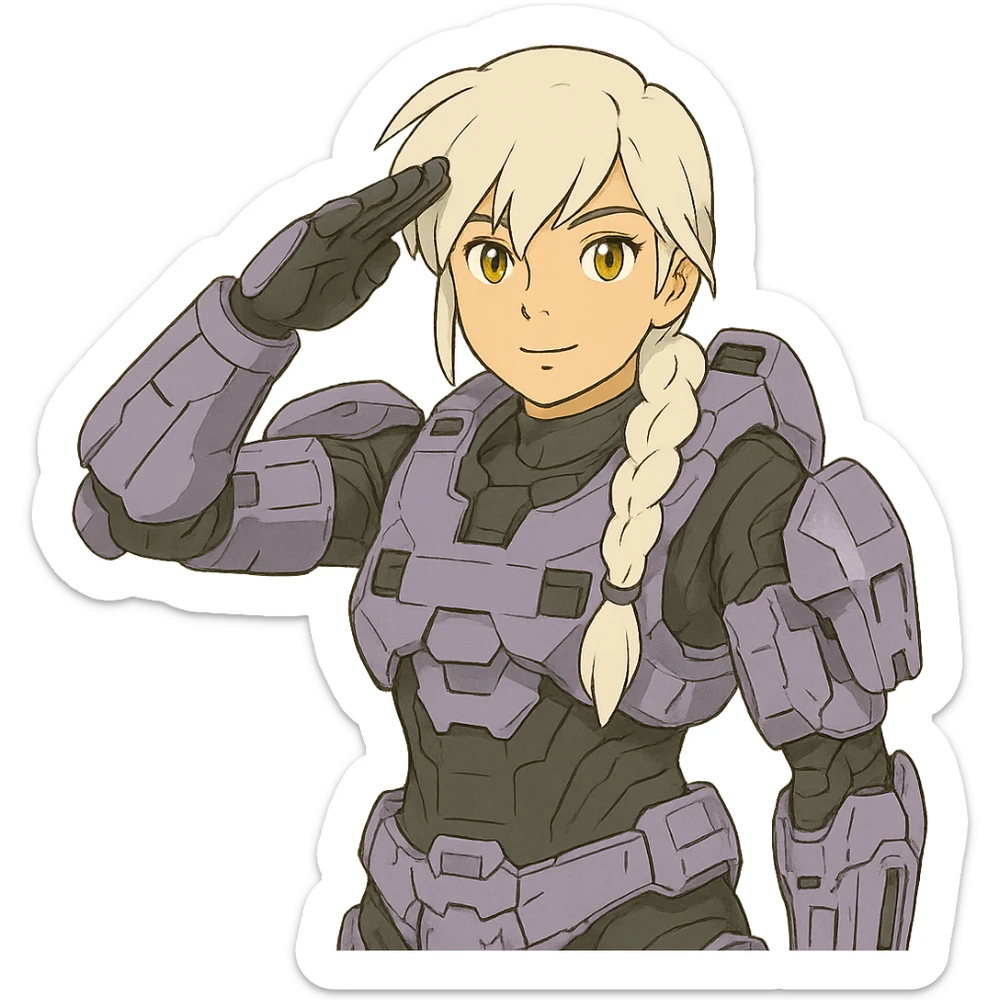 victory salute, female, wearing reach spartan armor shoulder-unequip, long white braid hair with massive messy front side single bangs, gold yellow eyes, attention pose, D-cup size, HALO:series, no helmet, the armor is lavender color scheme, sticker