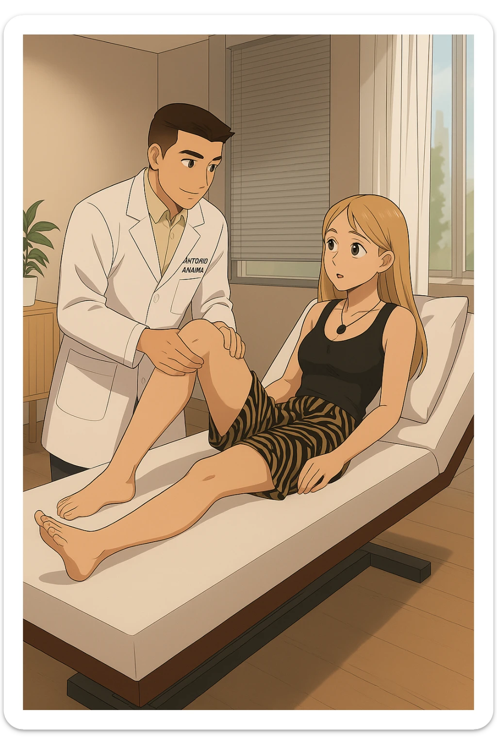 fai un webtoon/manga a colori con questo kinesiologo in camice bianco (fagli la scritta "ANTONIO ANANIA" SUL CAMICE) CHE SVOLGE UN TEST NEUROMUSCOLARE SOLLEVANDO UNA GAMBA ALLA RAGAZZA CHE è STESA SU UN LETTINO BIANCO. STANZA SEMPLICE E MODERNA, DURANTE IL TEST I DUE DIALOGANO TRA LORO. NON FARE I FUMETTI, FAI SOLO LORO COME SE DIALOGASSERO sticker