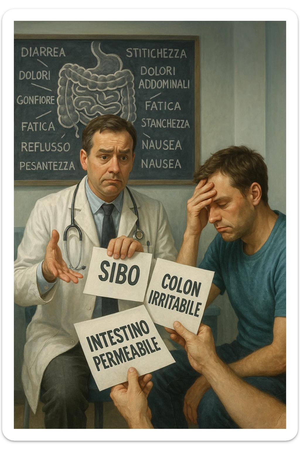 Scena clinica con un medico confuso in camice bianco davanti a un paziente seduto. Il medico ha tre fogli in mano, e li mostra uno alla volta con espressione incerta: il primo dice 'SIBO', il secondo 'Colon Irritabile', il terzo 'Intestino Permeabile'. Il paziente ha un’espressione confusa e scoraggiata, con una mano sulla fronte. Sullo sfondo una lavagna caotica con disegni di intestino e sintomi ovunque. Stile realistico con tocchi ironici, toni freddi da ambulatorio ma con un messaggio visivo forte di incertezza diagnostica. in italiano sticker