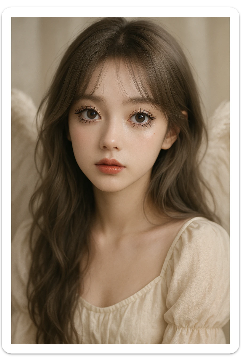 angelic young woman, brownish-gray hair, big eyes with spider lashes, douyin style Korean makeup, dreamy and soft look sticker
