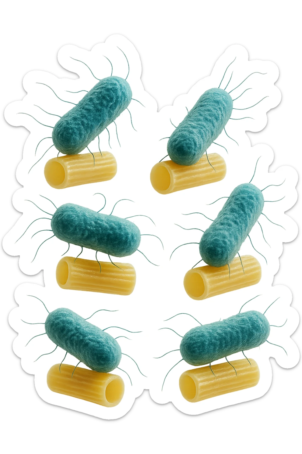 SEI BATTERI intestinALI FLUTTUANO IN ARIA CON PENNE DI PASTA RIGATE, IPERREALISTICO 4K sticker