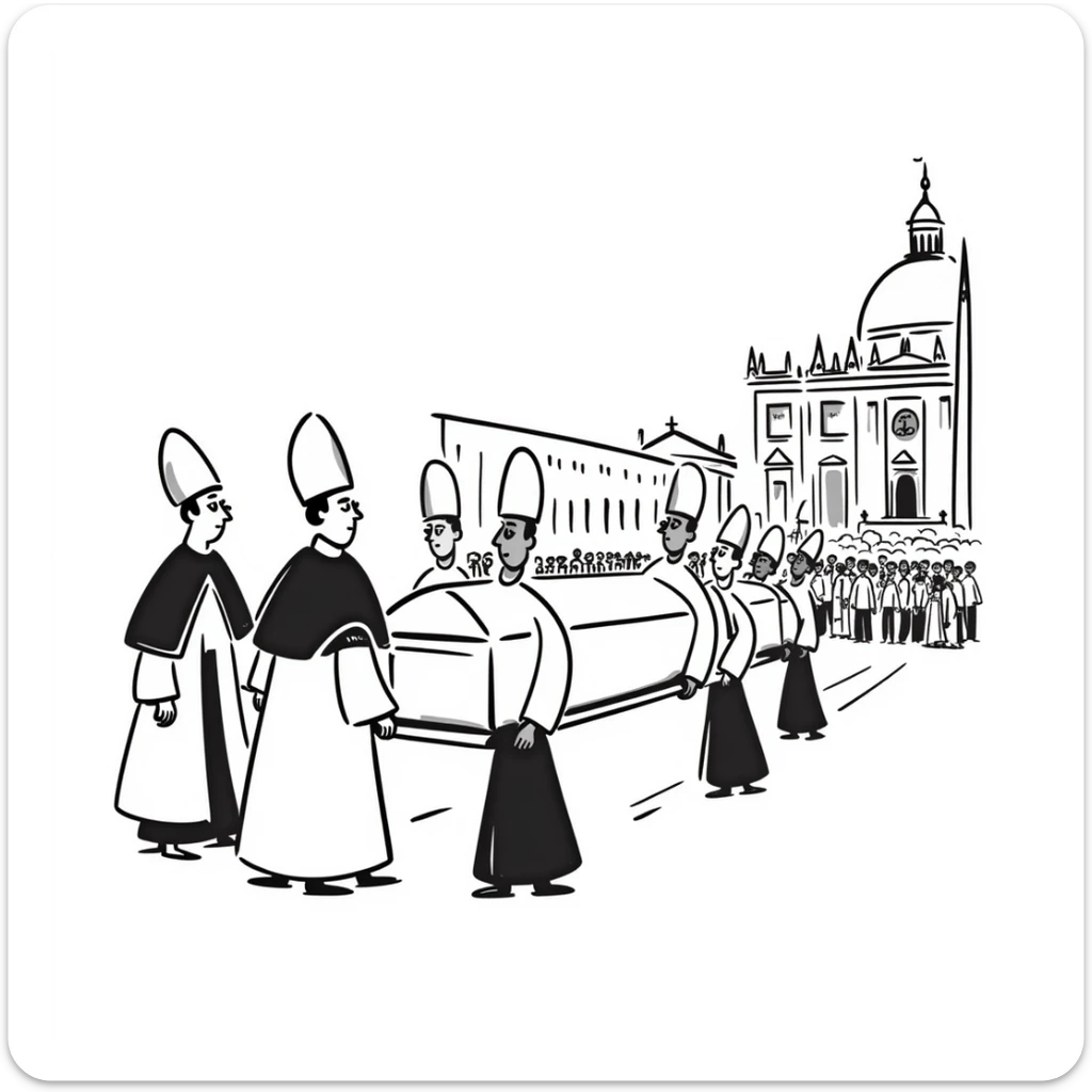 A respectful drawing of a papal funeral procession at Vatican City with cardinals, the papal coffin, and St. Peter's Square filled with mourners sticker