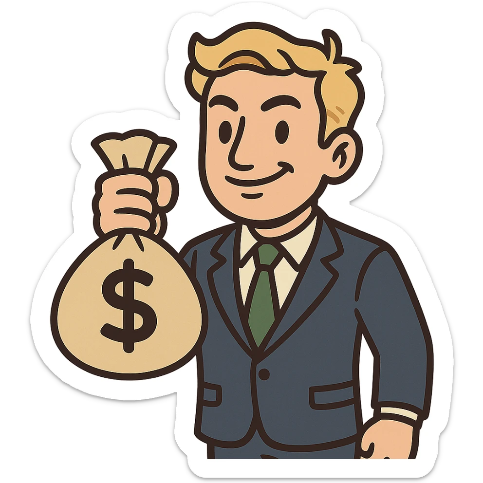 cartoon-style venture capitalist emoji, business suit, confident smile, holding a money bag sticker