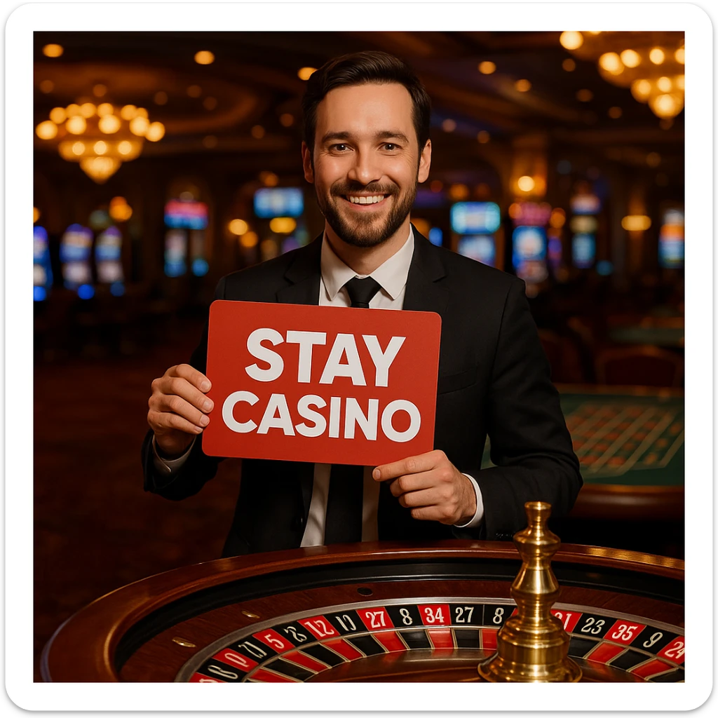 A man with a 'Stay Casino' sign, standing near a roulette table, casino lights and decor visible. sticker