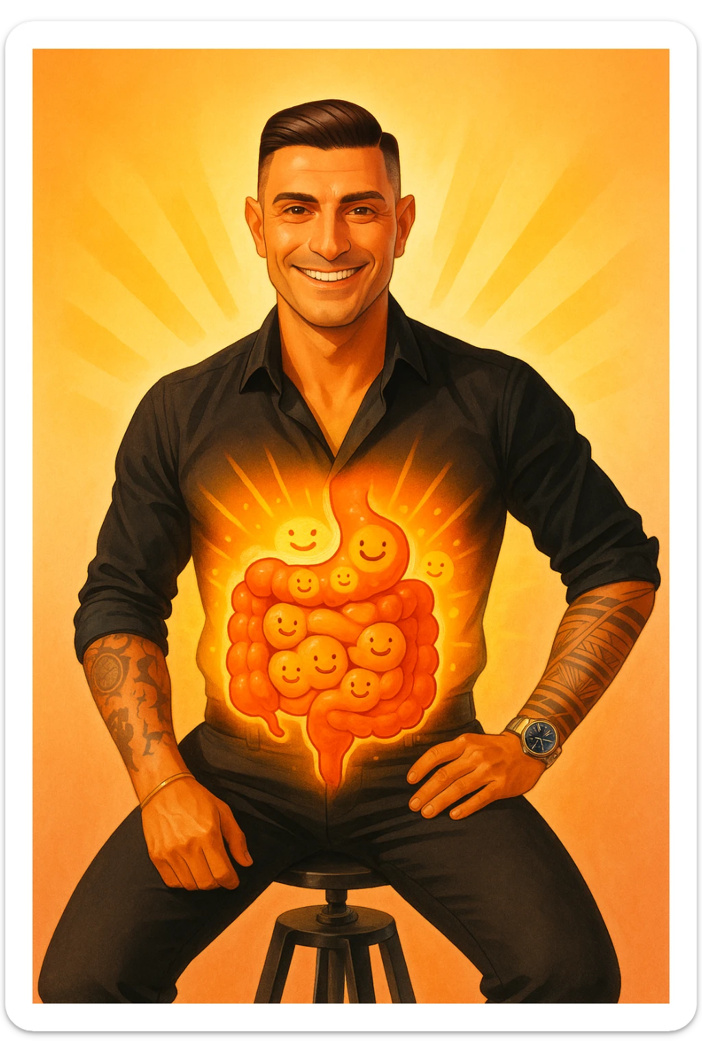 Verticale: uomo con energia positiva che si irradia dall’addome, intestino stilizzato con batteri buoni sorridenti e nessun parassita, atmosfera di salute e vitalità. sticker