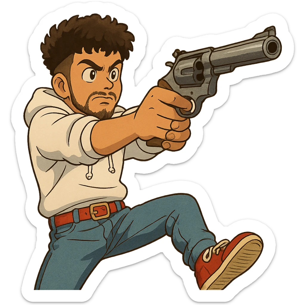 1 male, mid fade haircut dark chestnut brown curly hair, toasted lightskin, white hoodie sleeves up, fashion jeans, red fashion-sneakers shoes, red belt, short trimmed beard and goatee,  style of deku from "my hero academia", drawing a magnum revolver like dirty harry, twtich emote sticker