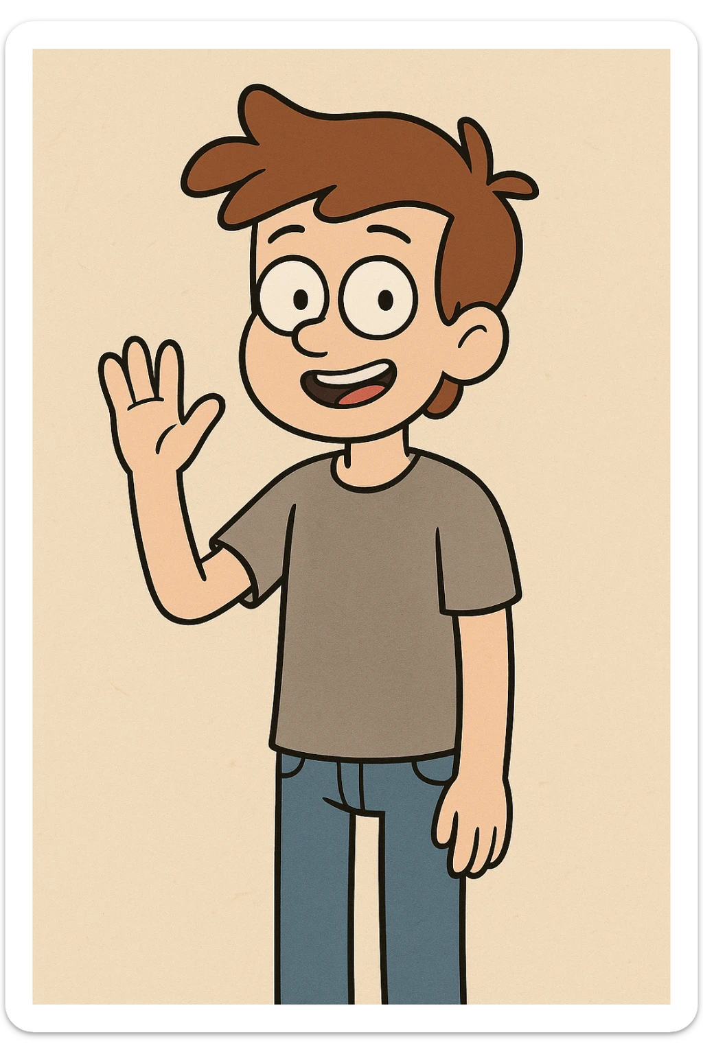 A boy grey shirt blue jeans a hand say hello  sticker