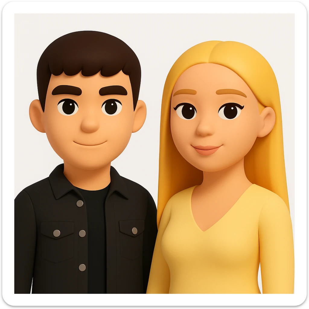 In the style of 3D Emoji, slightly increase the volume of the upper body of the girl, separate the girl and the boy from each other, and make the skin color the same for both characters. The style should reflect the Microsoft style 3D fluent emojis with concise and clear features. sticker
