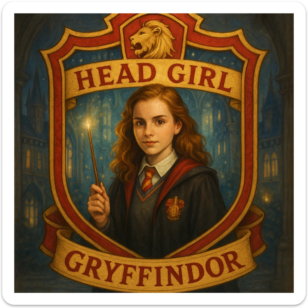 A Gryffindor head girl badge, with a girl in a Hogwarts uniform holding a wand, surrounded by a red and gold border, and a lion symbol, in a magical school setting. sticker
