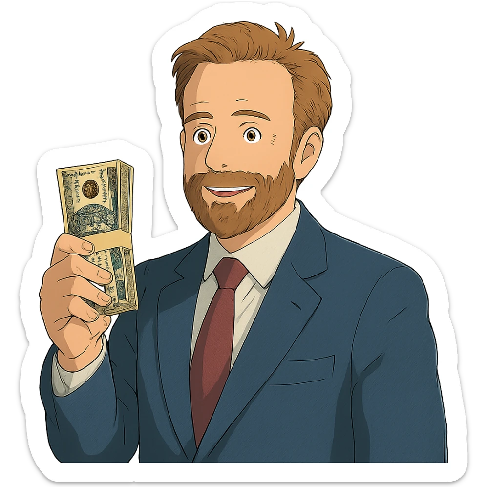 ghibli style Nikolai Astrup, Norwegian politician, holding a pack of money in his hand sticker