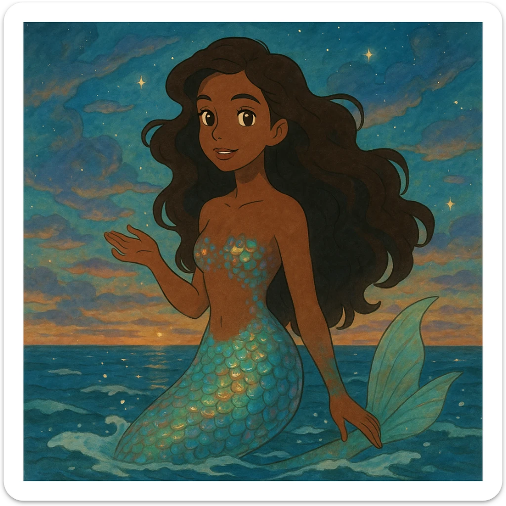 mermaid with pretty brown skin and iridescent scales, magical and whimsical atmosphere, ghibli style sticker