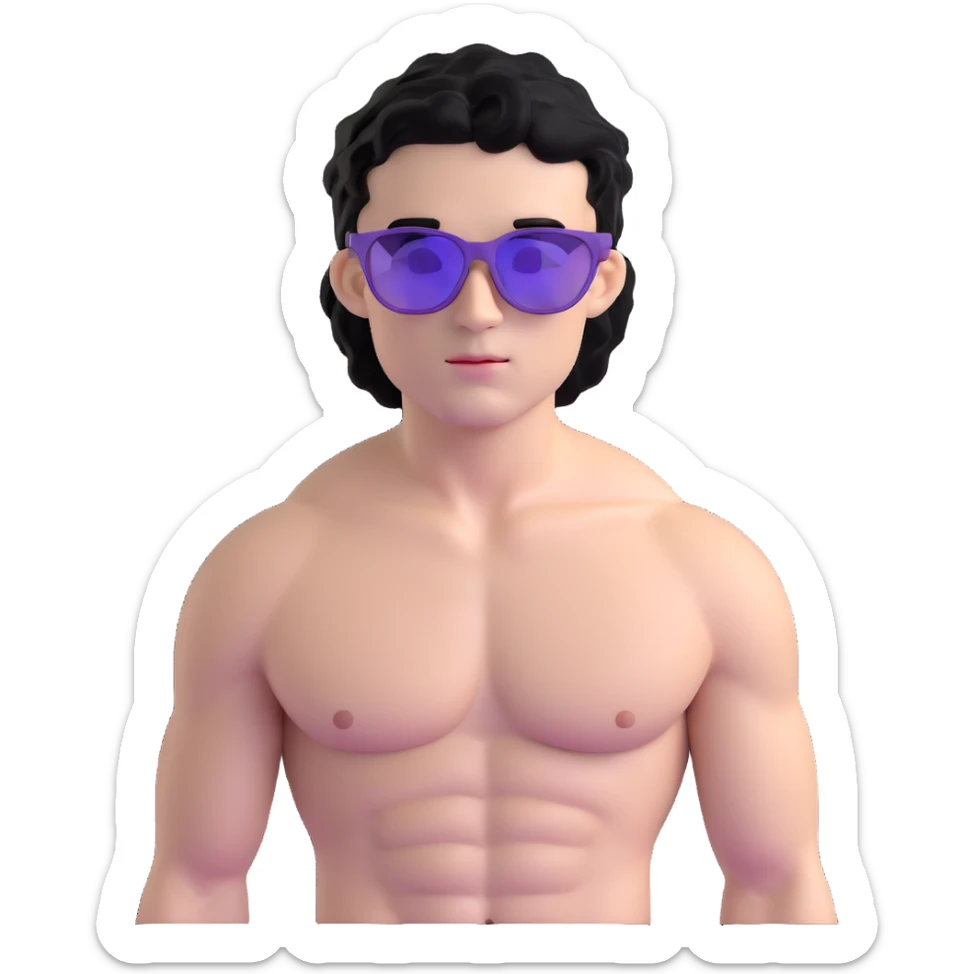 shirtless male athlete with white skin and moderately curly black hair on top with shaved sides, wearing purple sunglasses with black tinted lenses sticker