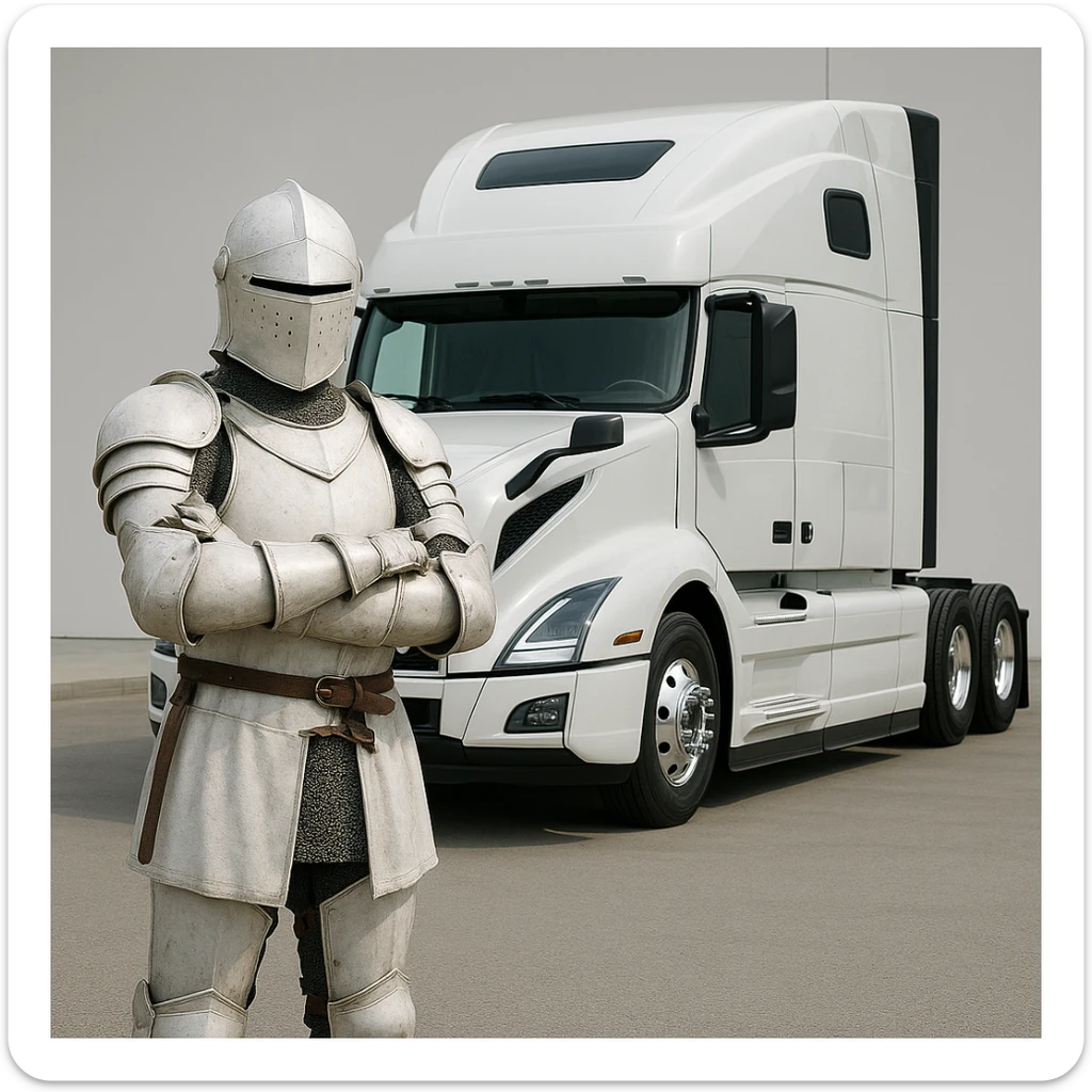 a white knight standing in front of a 2022 white Volvo semi sleeper truck, detailed, modern, clean background sticker