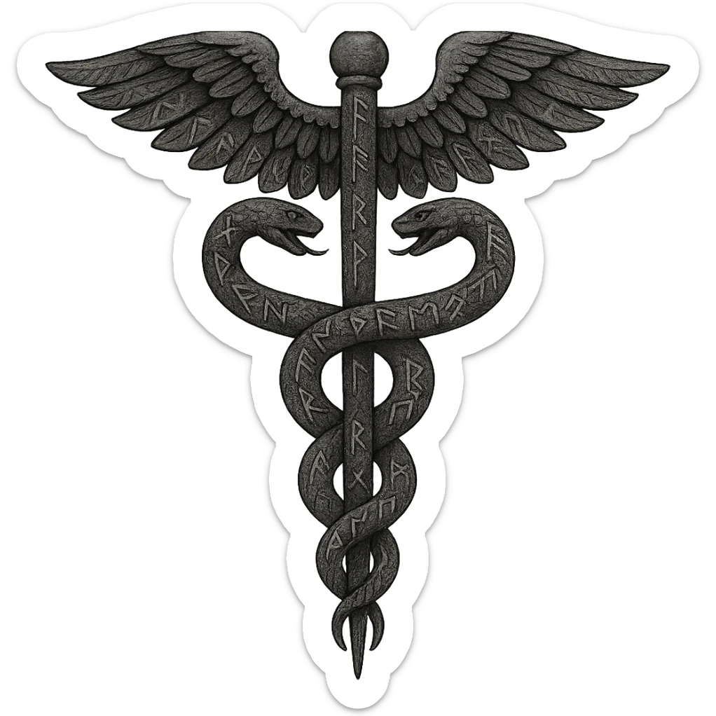 A caduceus intertwined with Viking runes, combining medical and Norse themes sticker