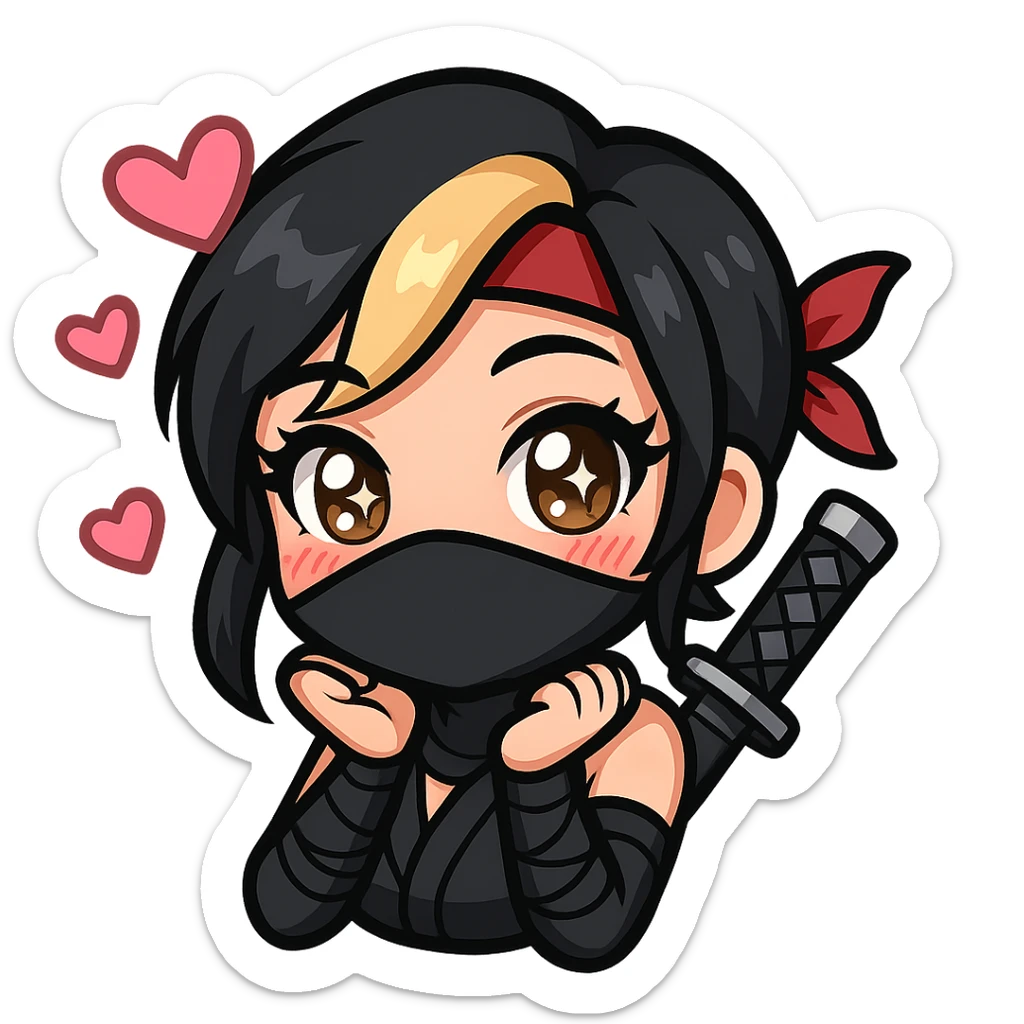 Sexy chibi ninja girl with black short hair and a blonde streak, only head and arms, colorful chibi style with bold outlines, transparent background, no mask, face with sparkly eyes and hearts floating around, sized for Twitch emoji use. sticker