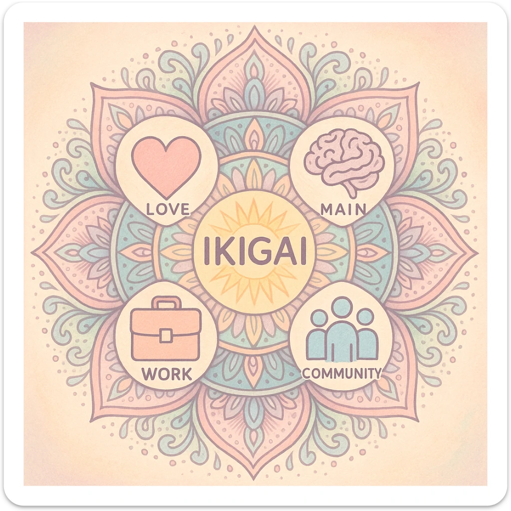 Ikigai depicted as a radiant mandala, blending symbols of heart, mind, work, and community, in a soft, pastel color palette sticker