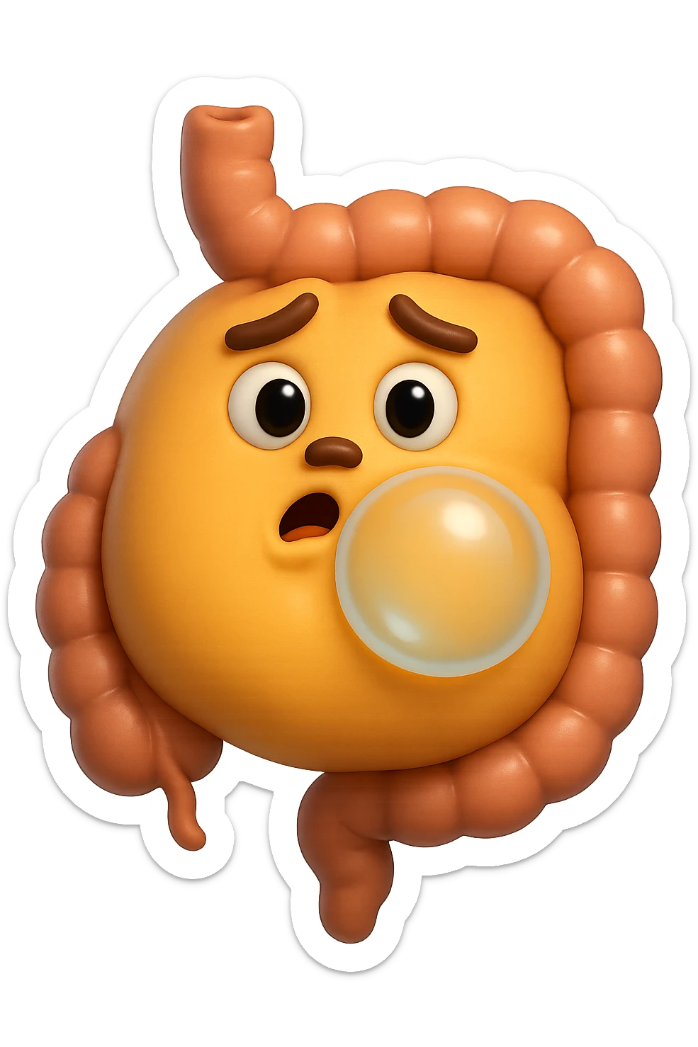 emoji stile iphone di un intestino che ingoia una nuvoletta di aria ben visibile e gli si gonfia la pancia, non fargli il naso, iperrealistico 4k sticker