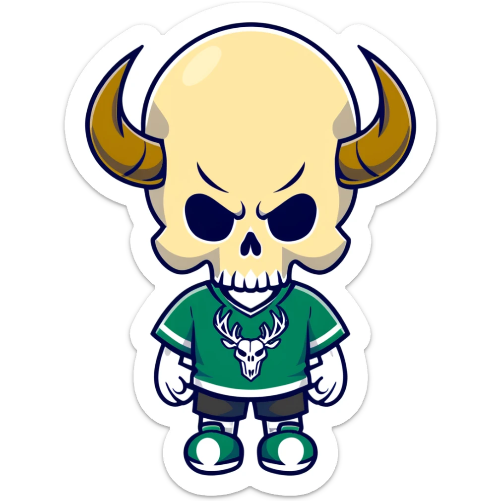 cool skull in Milwaukee Bucks basketball team colors (dark green, cream, and blue) sticker