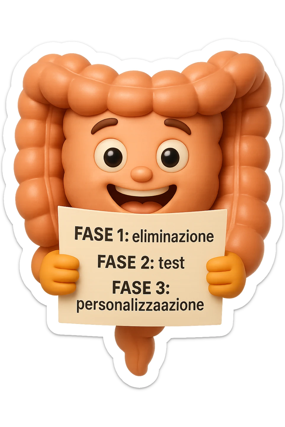 emoji stile iphone 3d di un intestino che tiene in mano un foglio con la scritta "FASE 1: eliminazione, FASE 2: test, FASE 3: personalizzazione, IPERREALISTICO 4K sticker