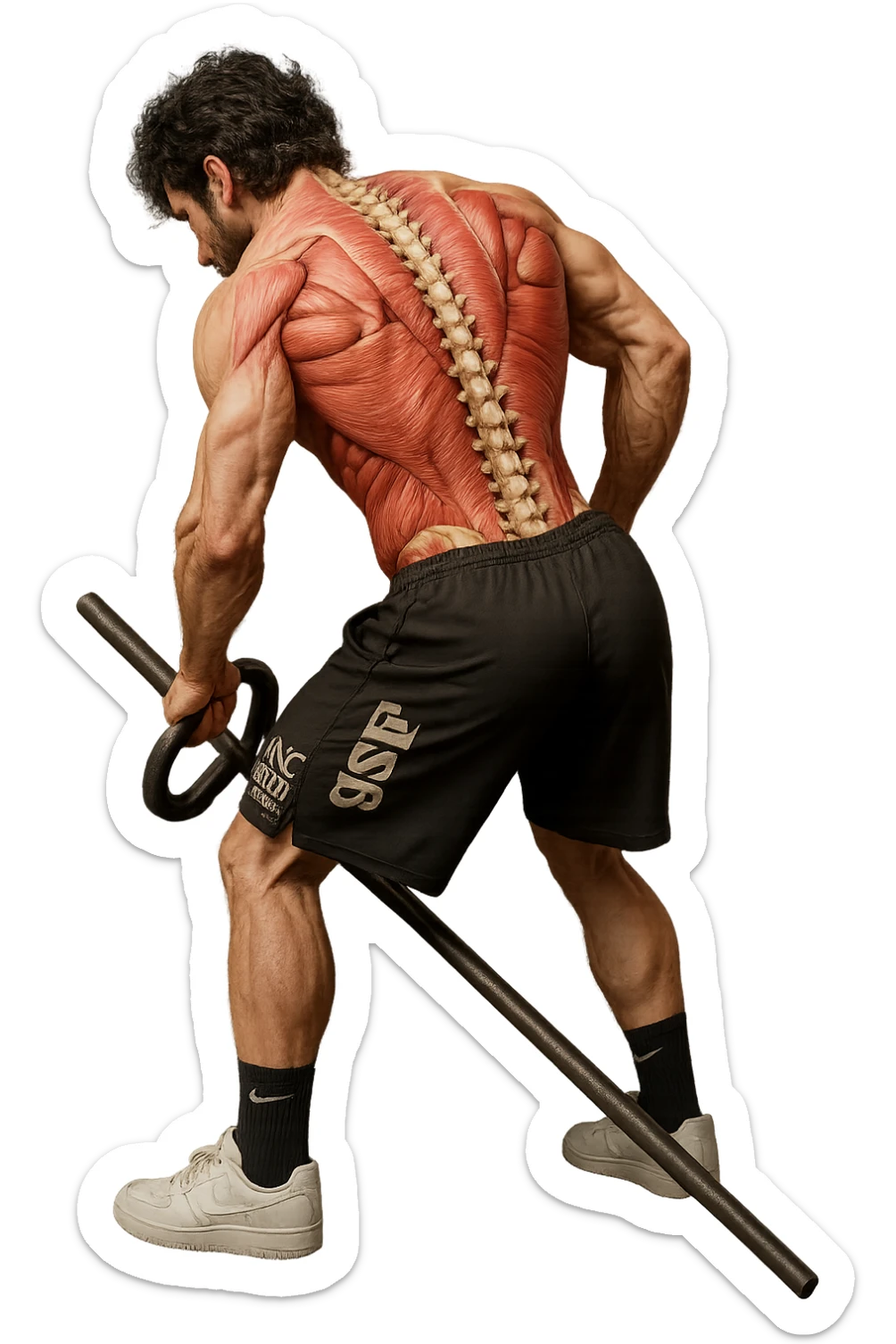 lascia questa immagine identica in cui lui esegue un T-bar con triangolo ma aggiungi fasci muscolari e spina dorsale sulla sua schiena, iperealistico 4k sticker