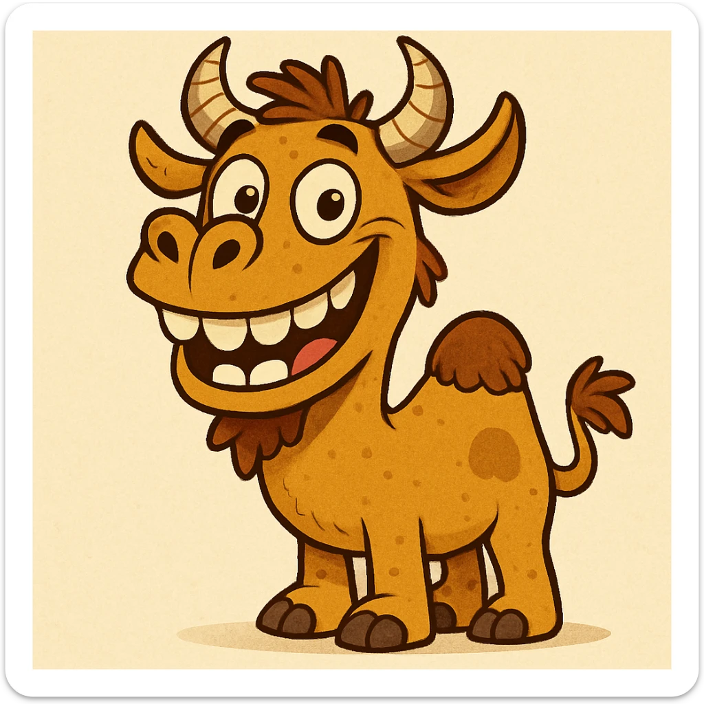 a friendly cartoon camel monster with horns and a big grin, cute, cartoon style sticker