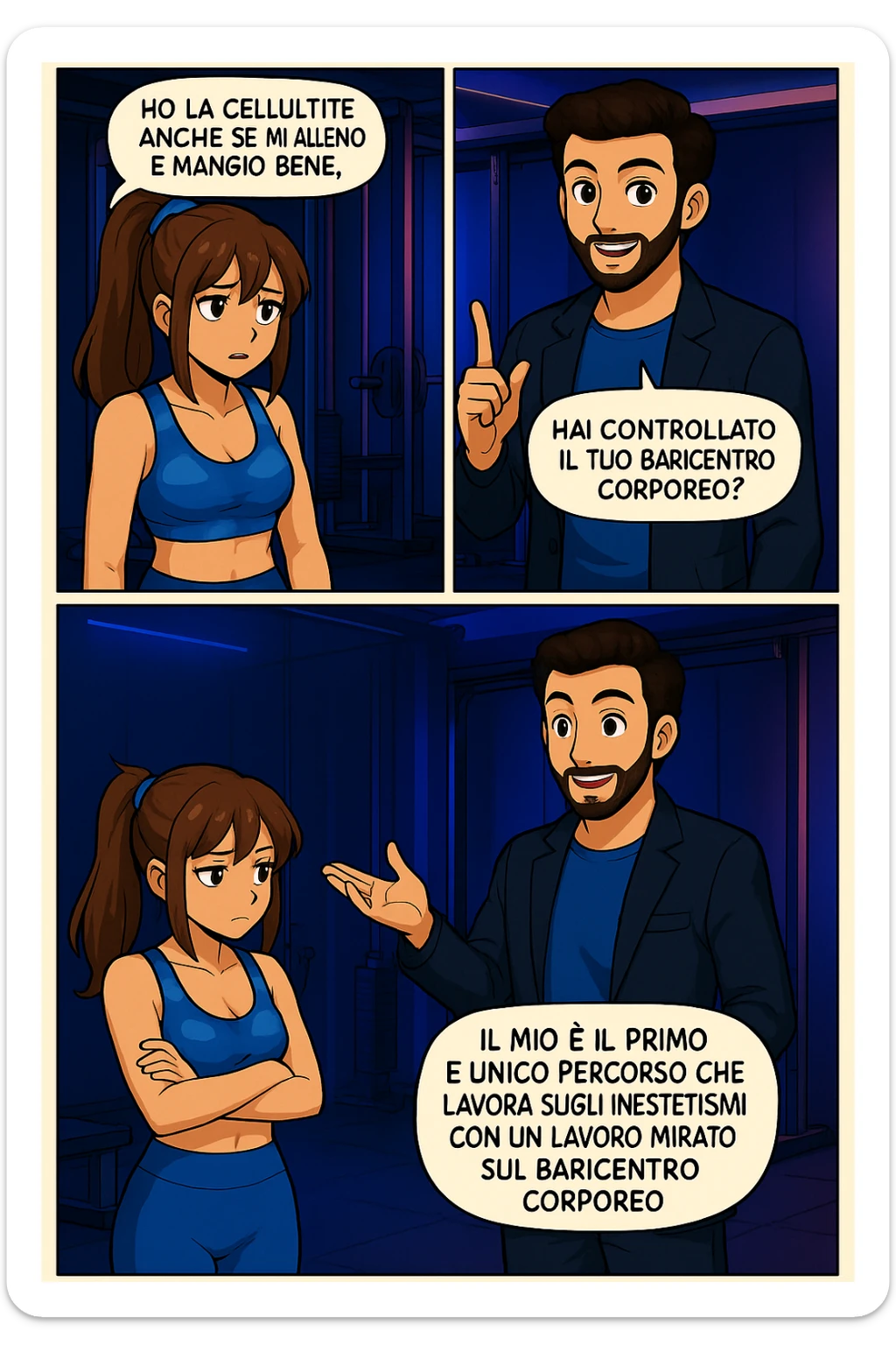 PRENDI SPUNTO DA QUESTO STILE FACENDO UN WEBTOON/MANGA:

LEI (DONNA): Ho la cellulite anche se mi alleno e mangio bene, cosa posso fare?

LUI (UOMO): Hai controllato il tuo baricentro corporeo?
LUI (UOMO): Sapevi che se il peso del tuo corpo cade in avanti o da un lato, c’è un disallineamento fra bacino e torace, che comprimendo le coste, limita la motilità del diaframma e l’ossigenazione dei tessuti?
LUI (UOMO): Il mio è il primo e unico percorso che lavora sugli inestetismi con un lavoro mirato sul baricentro corporeo. sticker