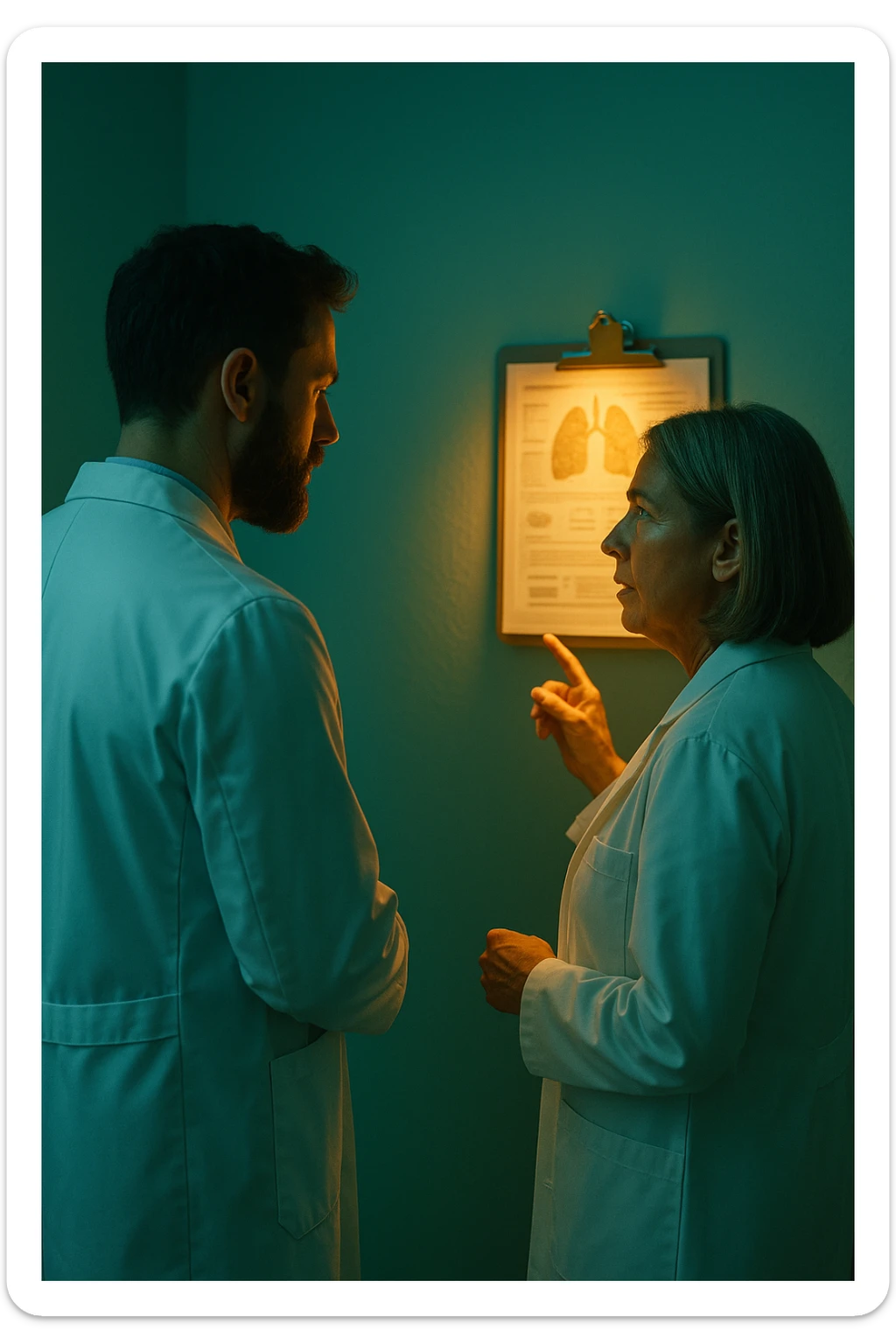 Realistic, detailed photo taken from behind of two doctors—a bearded man and a middle-aged woman—standing and facing each other as they discuss a diagnosis in front of a medical chart. The scene is illuminated by a yellowish, orange, warm light that softly envelops the doctors. The entire room is bathed in a single green-blue color, creating a cohesive and modern atmosphere. Both doctors wear white coats, and their body language suggests a serious, professional conversation. Shot with a Canon EOS R5, with high detail and natural depth of field. sticker