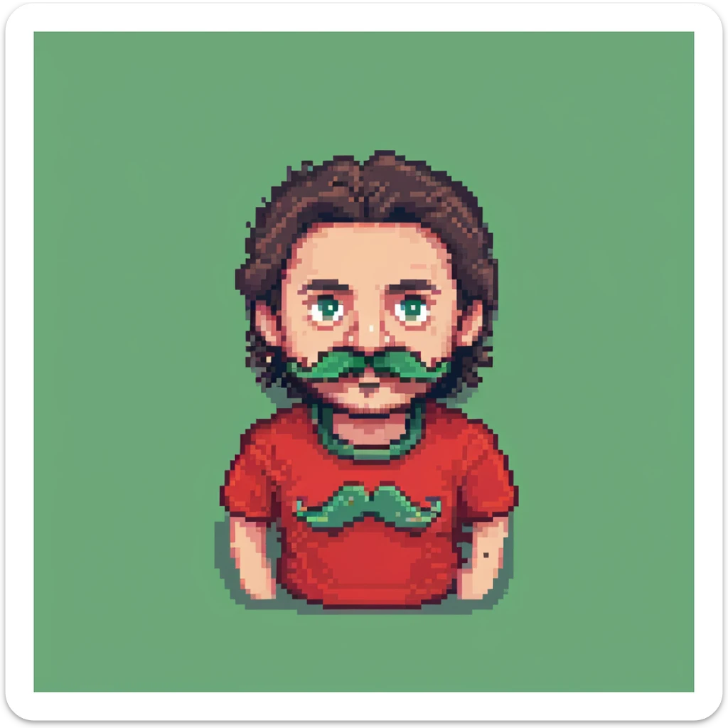 Recep İvedik, Turkish movie character, big mustache, bushy eyebrows, red t-shirt, humorous look, 8-bit style, pixel art sticker