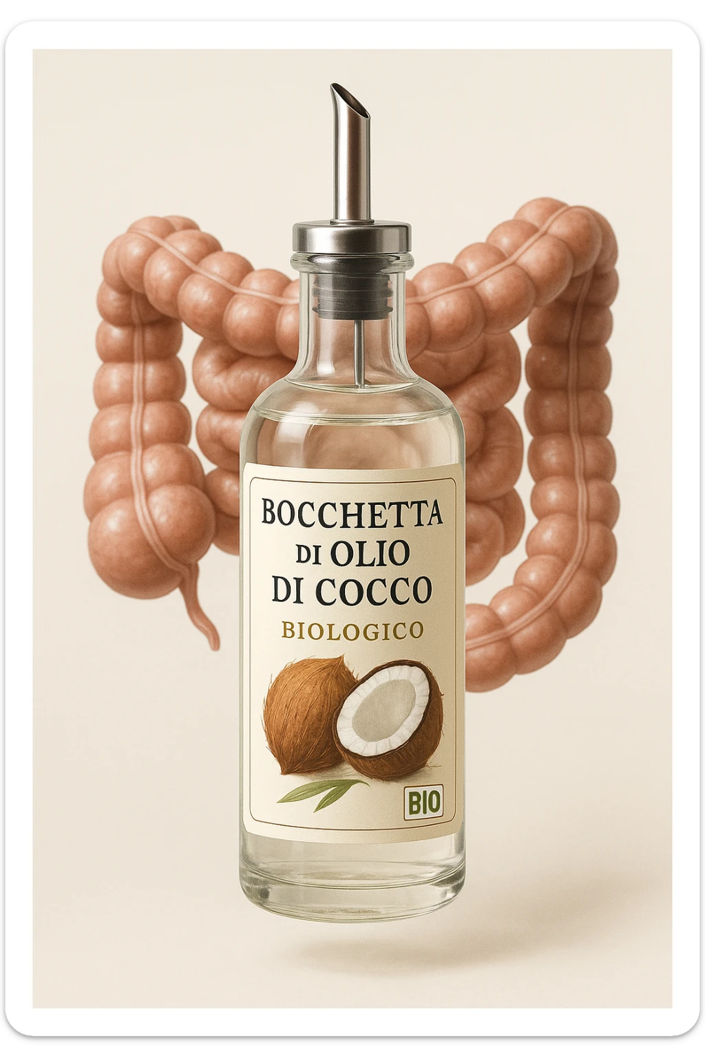 BOCCETTA DI OLIO DI COCCO BIOLOGICO (FAI UN ETICHETTA SUL PRODOTTO IN ITALIANO) CHE FLUTTUA IN ARIA DAVANTI A UN INTESTINO UMANO ANATOMICO IN PERFETTA SALUTE, SFONDO CHIARO, iperrealistico 4k sticker