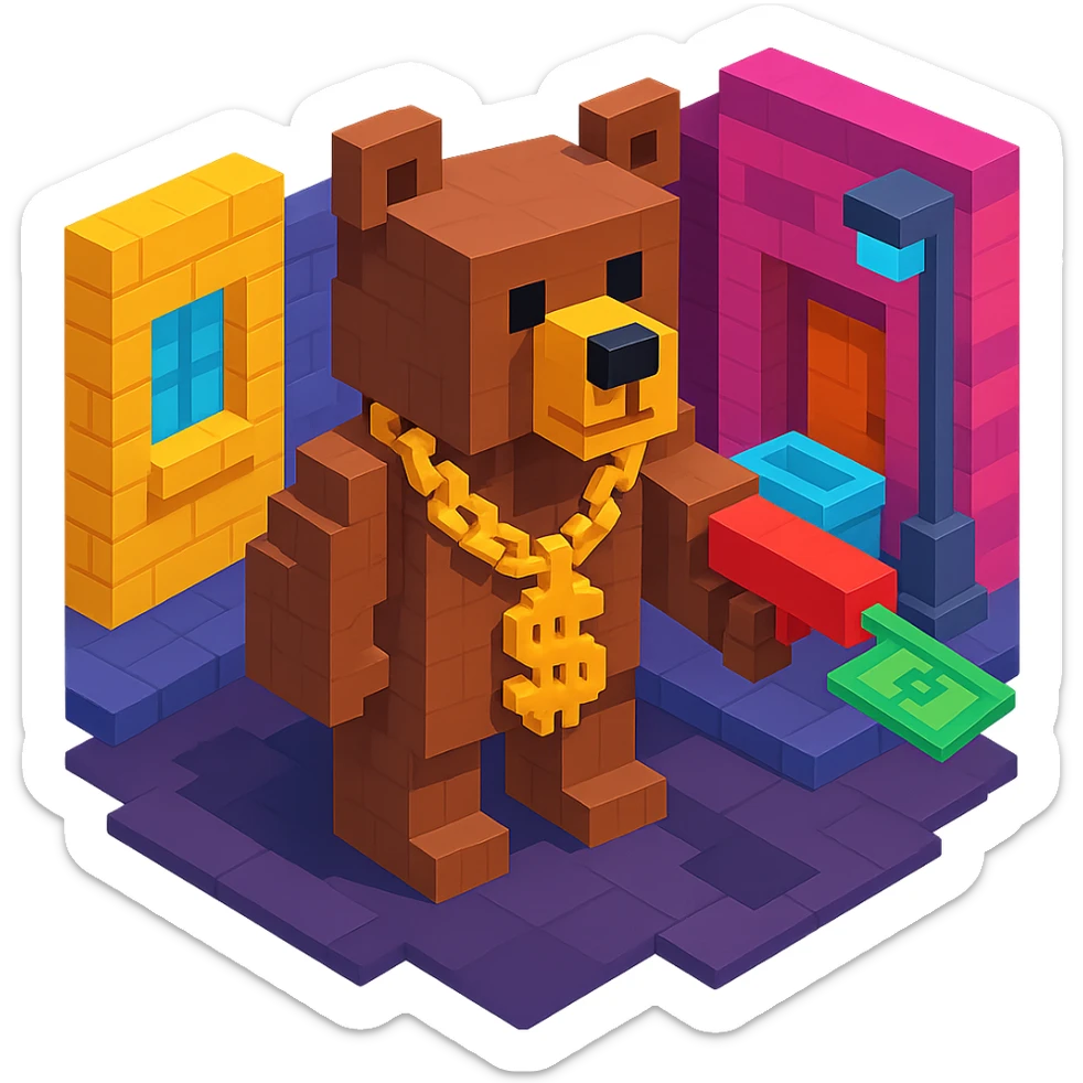 Russian grizzly bear with a rapper chain and a money gun, standing in a city alley sticker