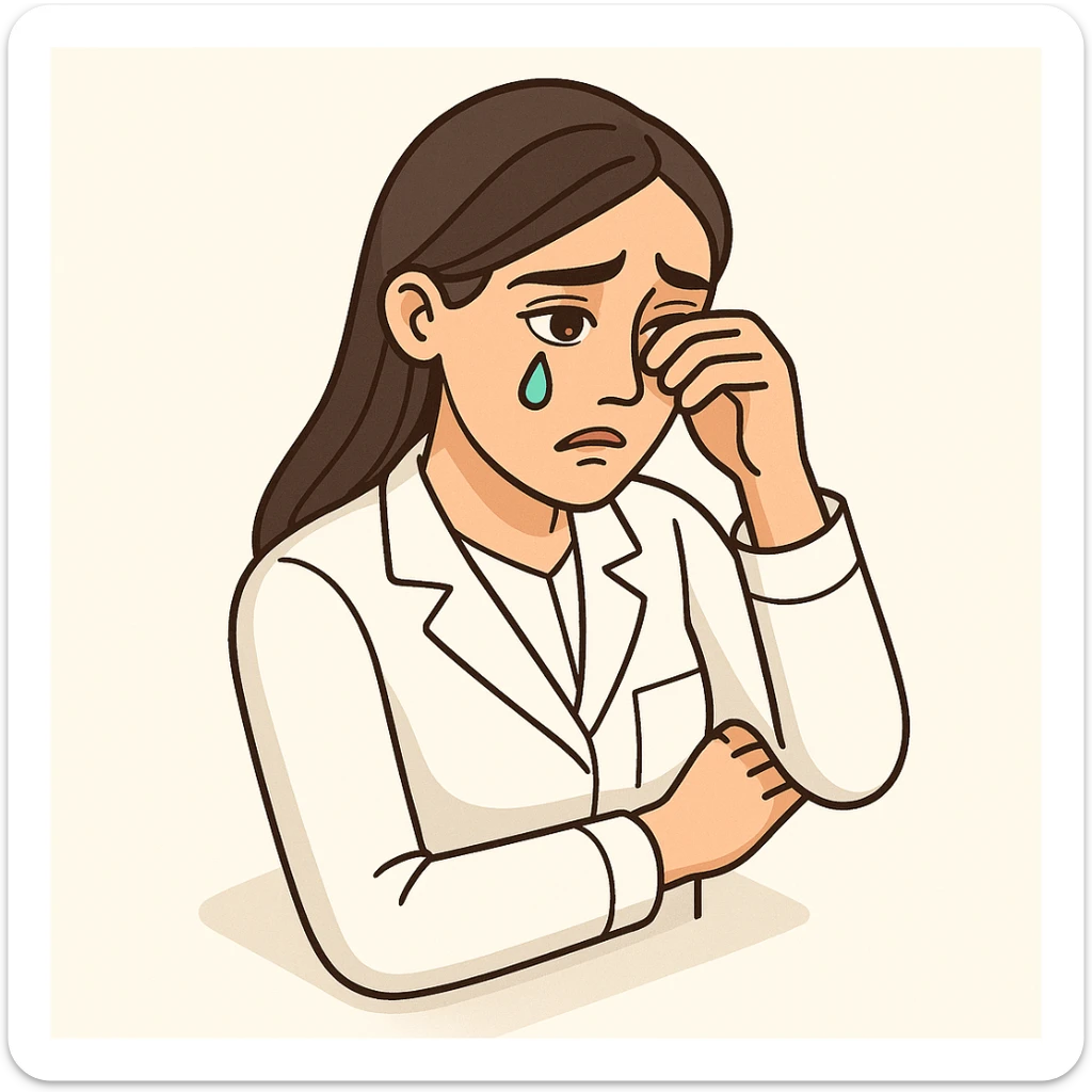 A 2D isometric style illustration of a female doctor with dark long straight hair and detailed brown eyes (not just dots), wearing a white coat, on a minimalist background. She is crying and wiping a tear, with expressive pose and emotion, matching the appearance of the second previous variant. sticker