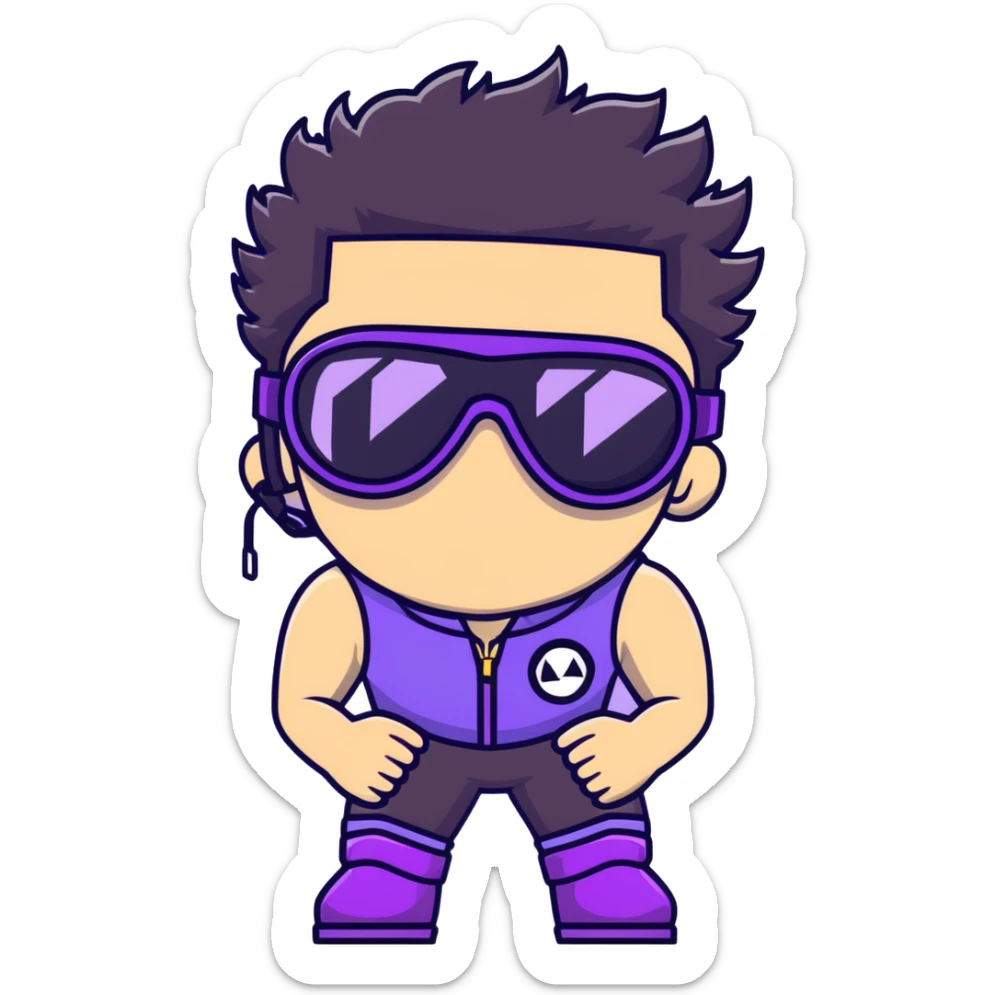 male athlete with white skin and moderately curly black hair on top with shaved sides, wearing ski goggles with purple frames and very dark black lenses, a simple plain black chain necklace, and a completely unzipped sleeveless vest with purple and black sequin fire pattern design, fully revealing his chest, shoulders and arms, no earrings sticker