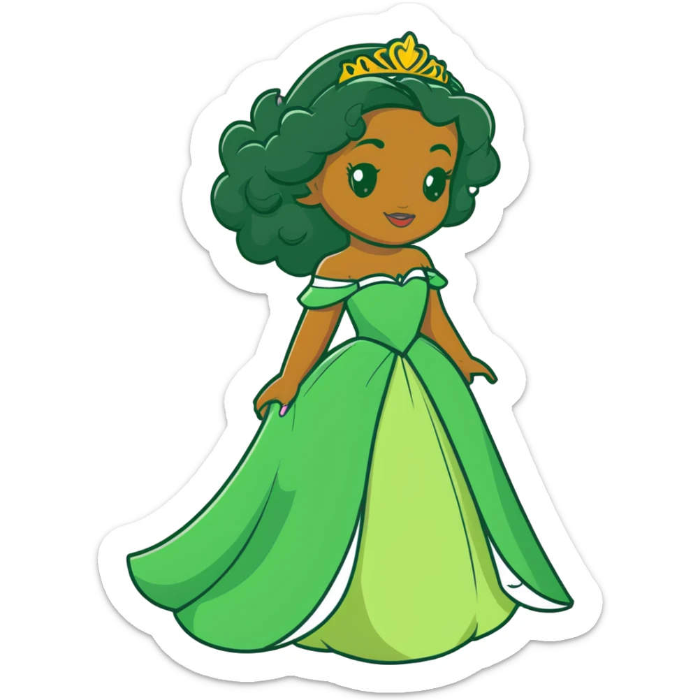 Disney Princess Tiana with extremely long black curly hair, green dress, 2c-3b curl pattern sticker