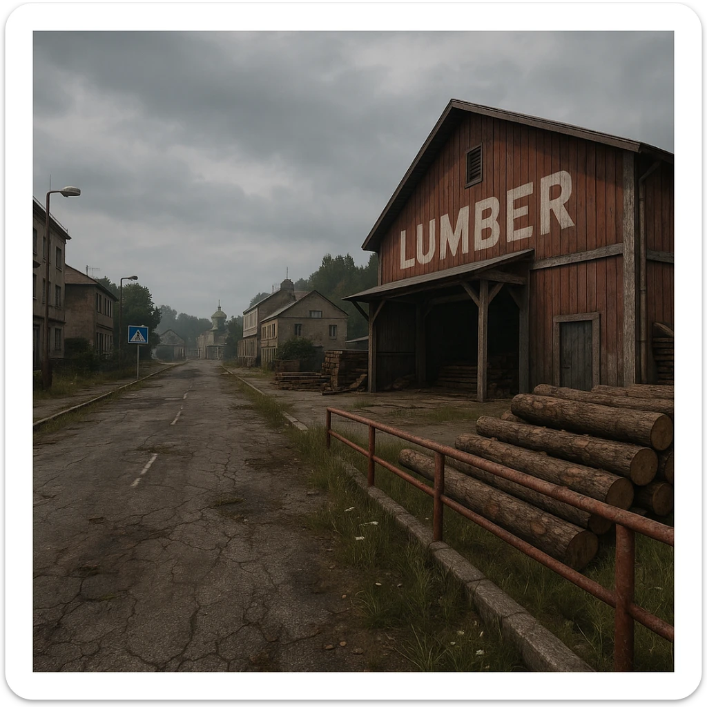 a view of the city street in a videogame: DayZ - in the town of berezio "lumber" [no text contained in the image] sticker