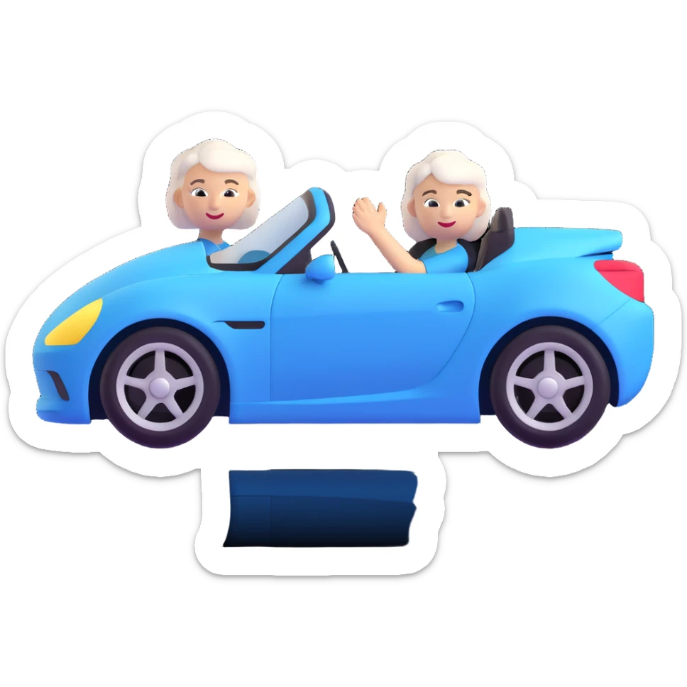 Ensure only the mother with white hair is in the blue sports car, no other person visible, keep 3D emoji style, 10% more realistic, no background. sticker