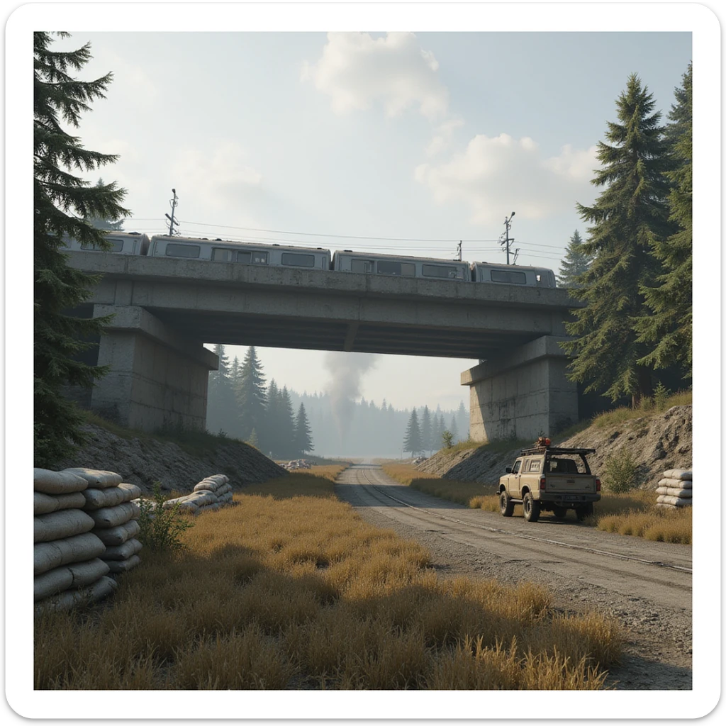  a screenshot of a location in a videogame  the image of the scene consists of:  [above-ground train freeway partially collapsed], a wooded area, a small field of wheat, sandbag barricades. distant smoke. uneven terrain, derelict vintage work trucks, more distant smoke. polluted and war-torn sticker