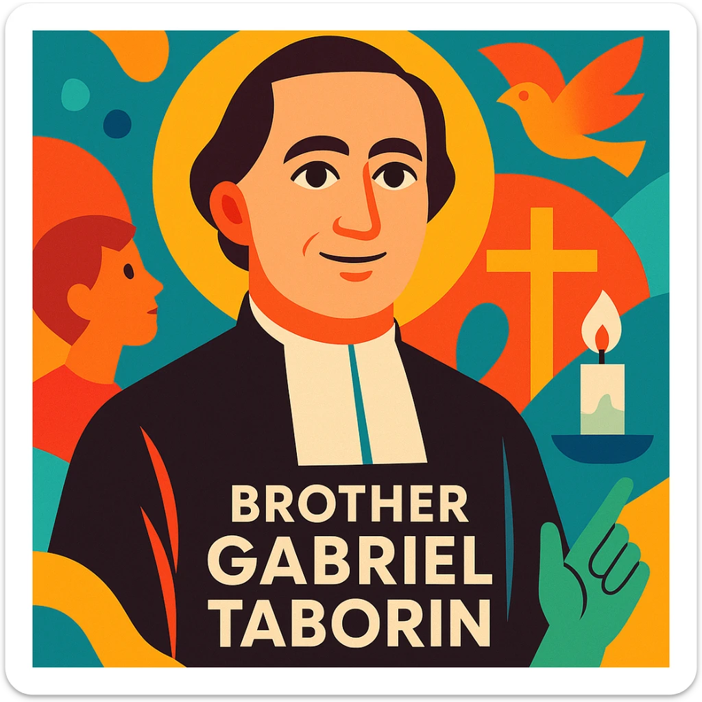 modern Christian vocational animation, stylized portrait of Brother Gabriel Taborin with abstract background, elements of faith and youth, modern graphic style, luminous colors sticker