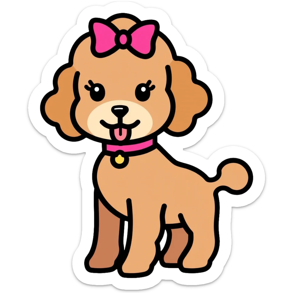 Cute brown poodle dog with a pink bow on its head and tail, with its tongue sticking out, and wearing a pink collar sticker