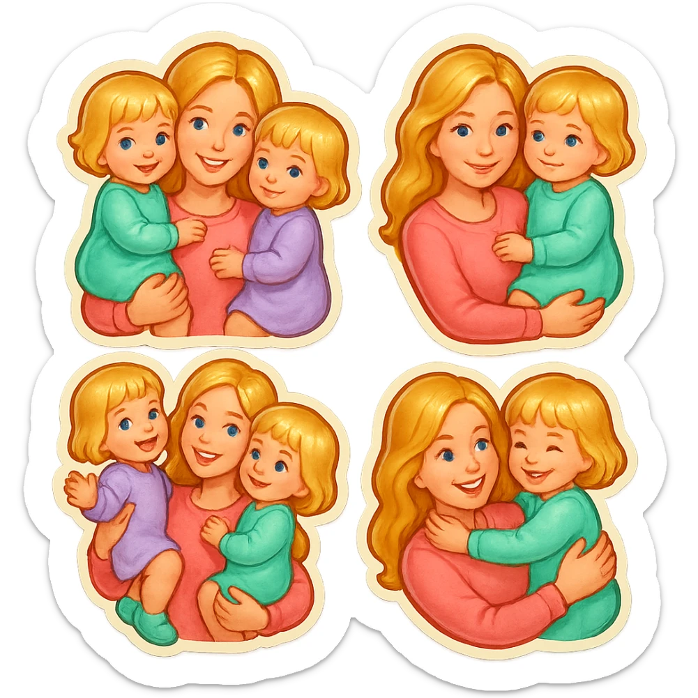 mom with long light hair holding two twin girls with short light hair, all in pastel cute clothes, soft shadows and highlights, retro stickers style, photo inspired, multiple pose variations sticker