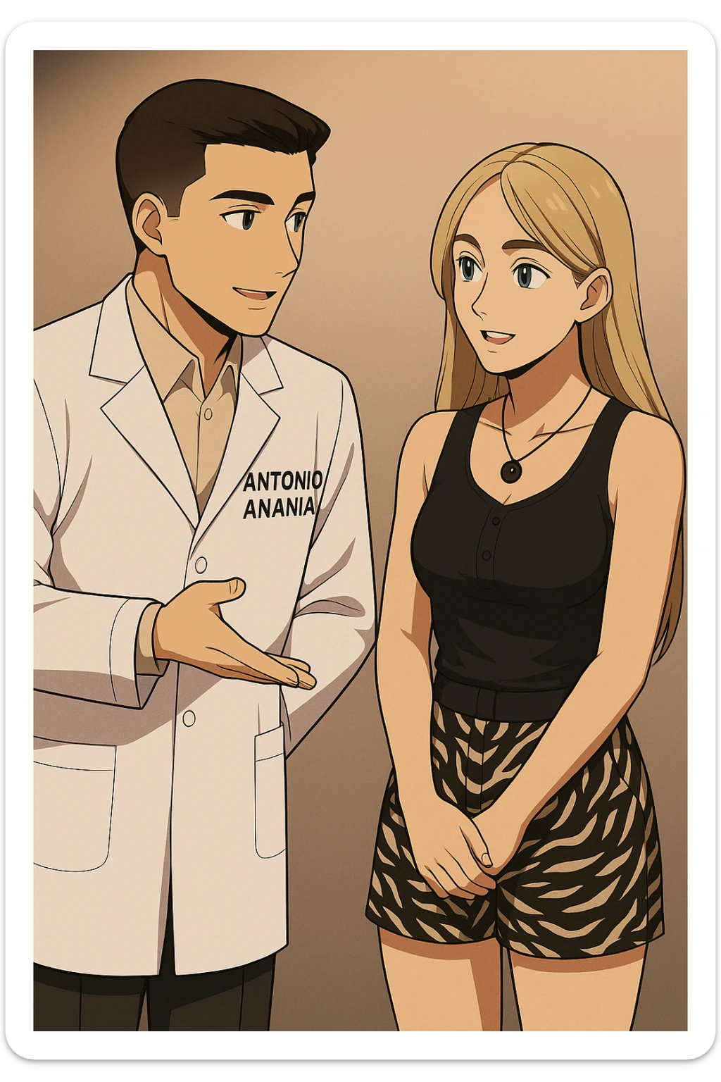 fai un webtoon/manga a colori con questo kinesiologo in camice bianco (fagli la scritta "ANTONIO ANANIA" SUL CAMICE) CHE PARLA CON QUESTA RAGAZZA CON GLI OCCHI AZZURRI. la ragazza gli fa una domanda e IL KINESIOLOGO CON IL CAMICE BIANCO LE risponde. NON FARE I FUMETTI, FAI SOLO LORO COME SE DIALOGASSERO sticker