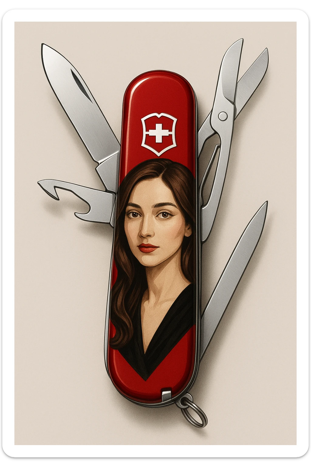 an elegant design of a swiss army knife featuring a portrait of a brunette woman with light brown eyes sticker