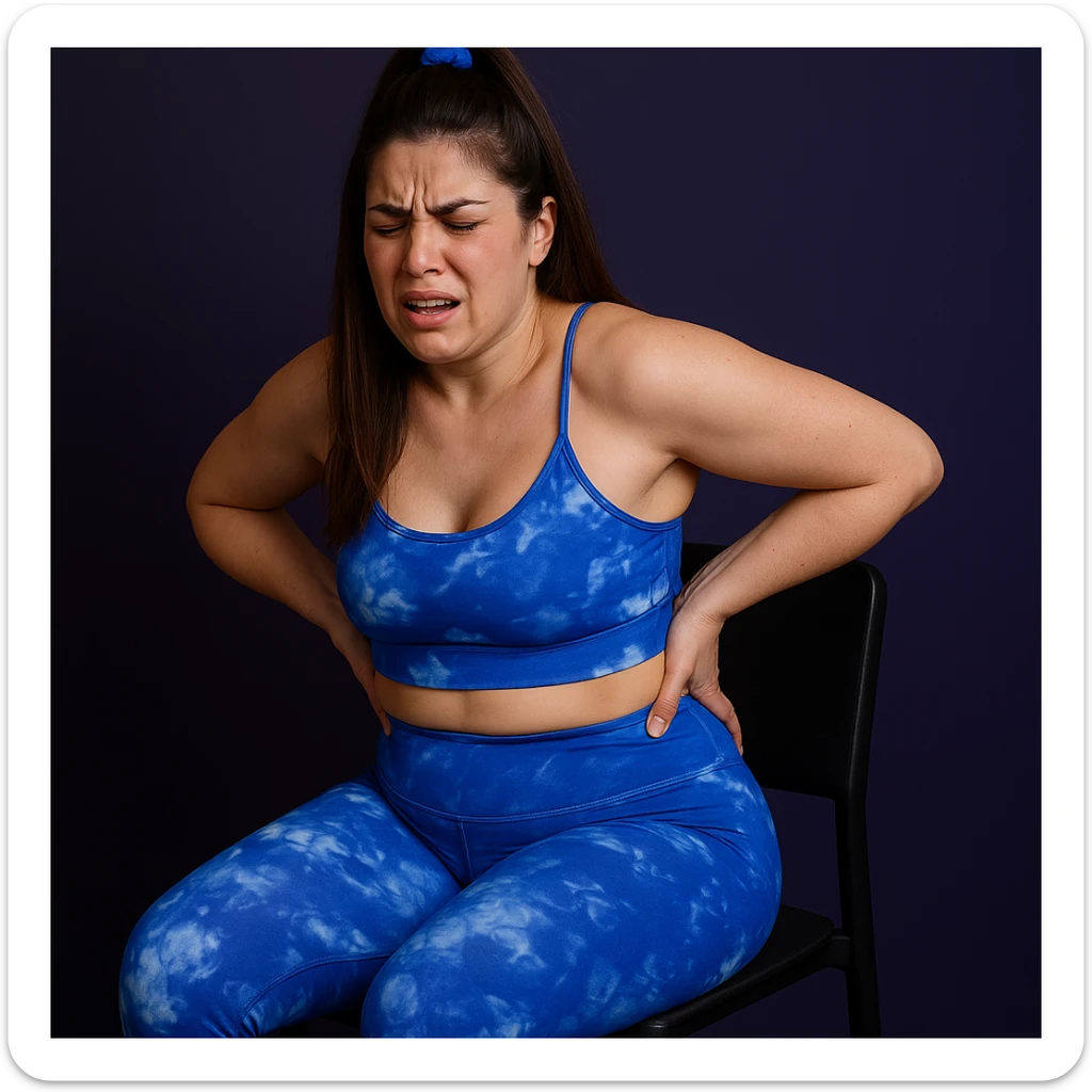 Realistic woman in 4K inspired by the reference photo, sitting on a chair with one hand pressing on the left hip and the other on the lower back, expression of intense pain. sticker